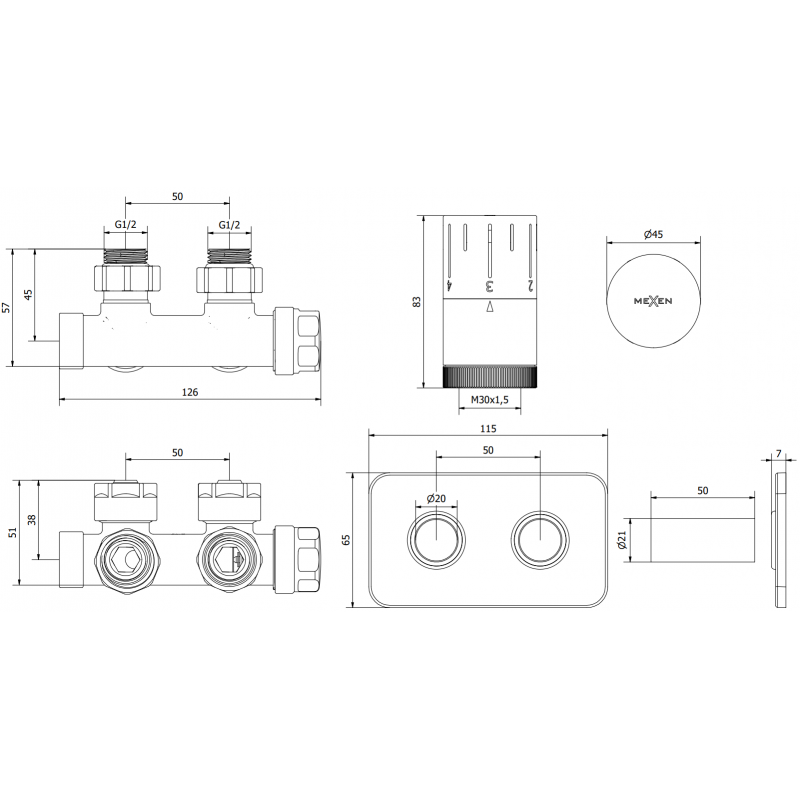 Mexen G05 zestaw termostatyczny kątowy z maskownicą S, Duplex, DN50, złoty - W907-958-910-50