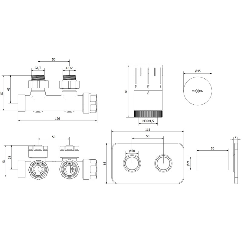Mexen G05 zestaw termostatyczny kątowy z maskownicą S, Duplex, DN50, czarny - W907-958-910-70
