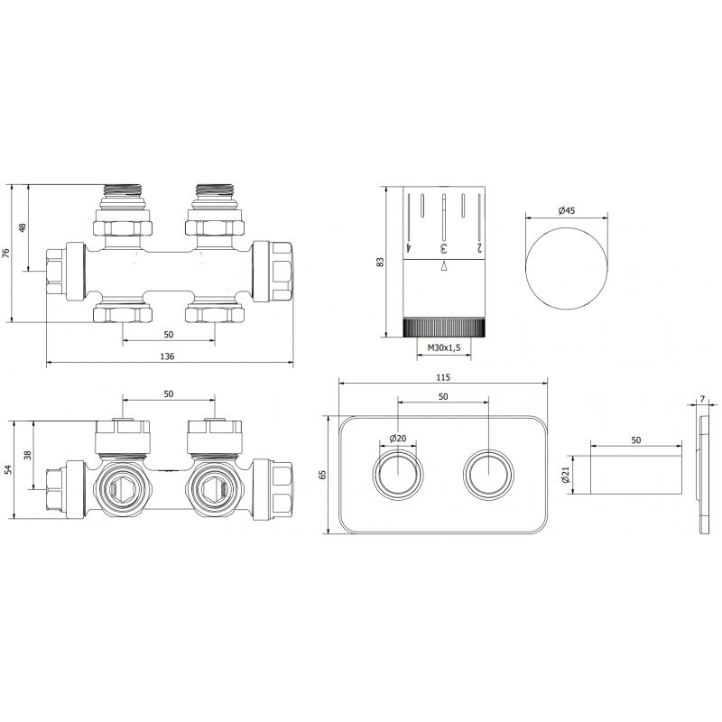 Mexen G05 zestaw termostatyczny kątowy/prosty z maskownicą S, Duplex, DN50, czarny - W908-958-910-70