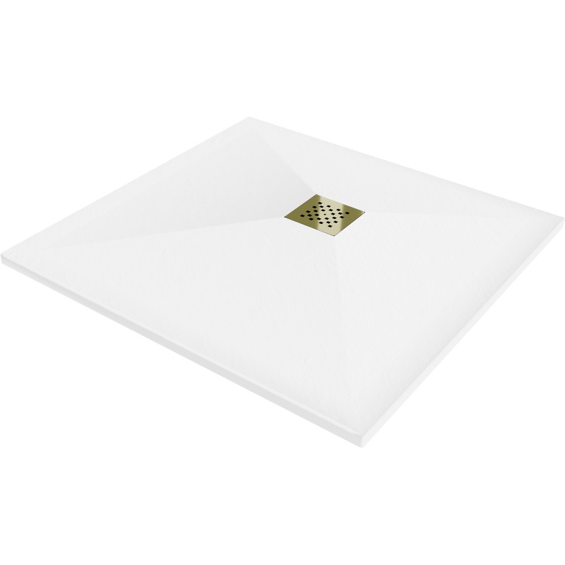 Mexen Stone+ brodzik kompozytowy kwadratowy 80 x 80 cm, biały, maskownica złota - 44108080-G