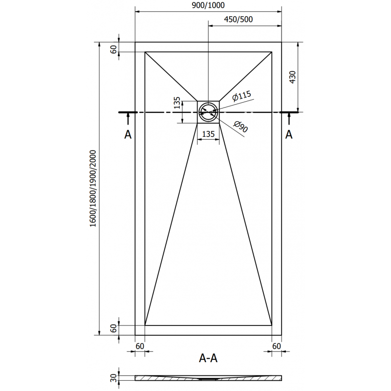 Mexen Stone+ brodzik kompozytowy kwadratowy 200 x 100 cm, biały, maskownica złota - 44101020-G