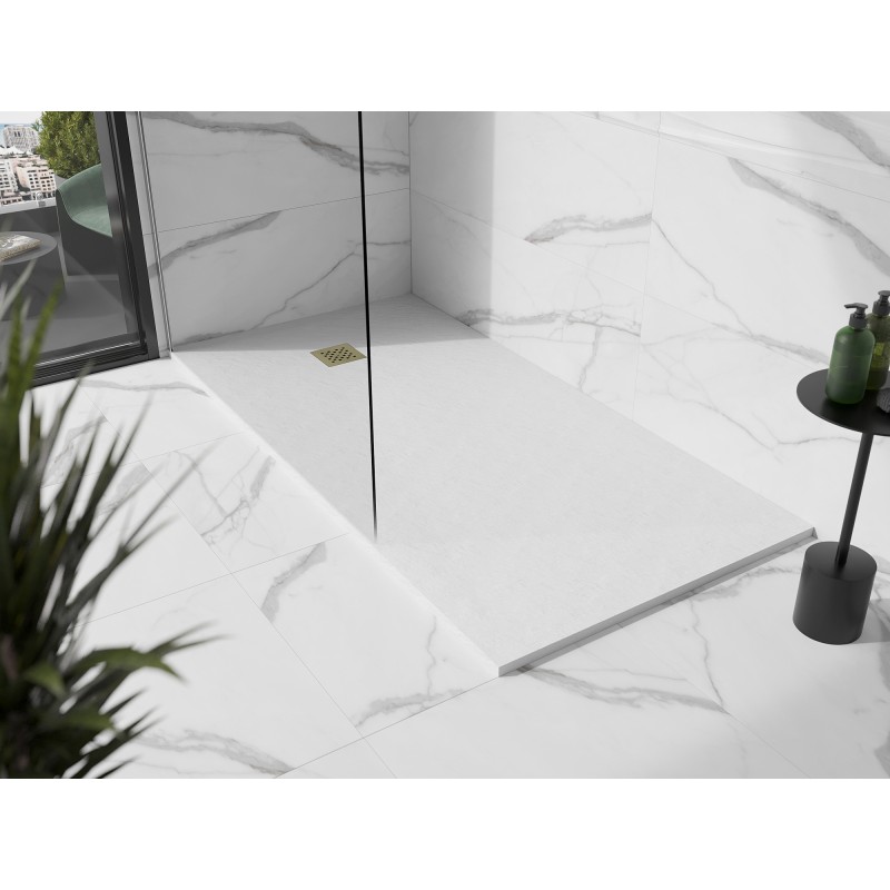 Mexen Stone+ brodzik kompozytowy prostokątny 200 x 80 cm, biały, maskownica złota - 44108020-G