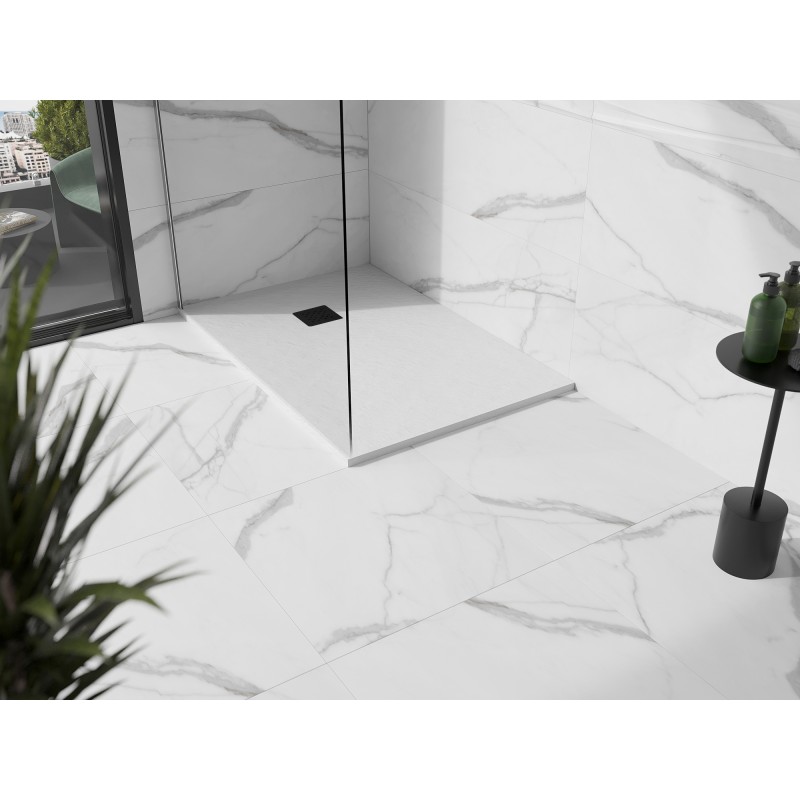 Mexen Stone+ brodzik kompozytowy prostokątny 90 x 80 cm, biały, maskownica czarna - 44108090-B