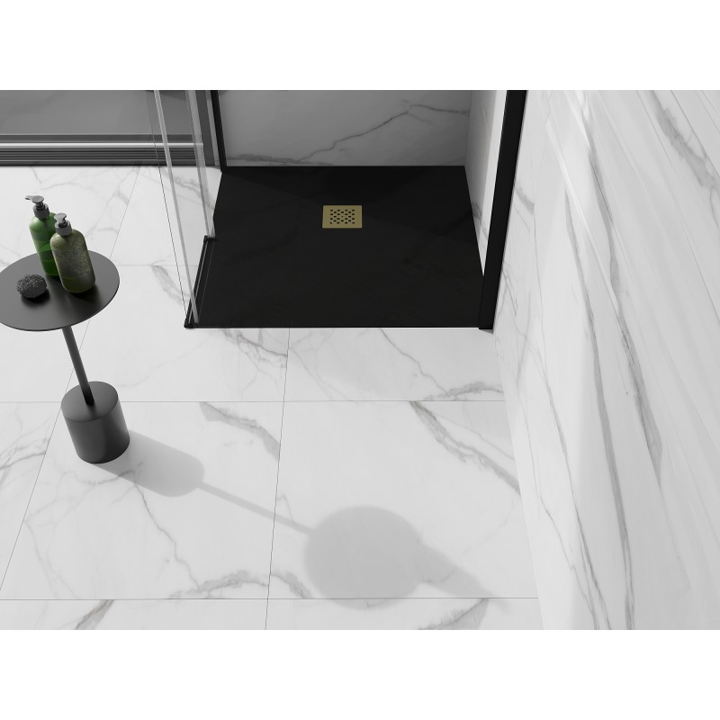 Mexen Stone+ brodzik kompozytowy kwadratowy 80 x 80 cm, czarny, maskownica złota - 44708080-G