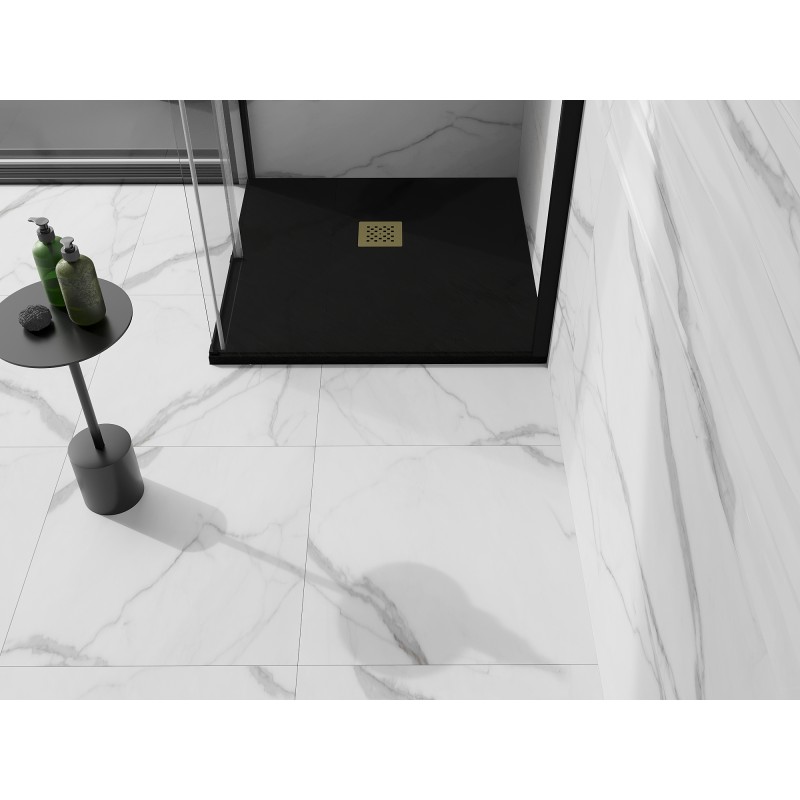 Mexen Stone+ brodzik kompozytowy kwadratowy 80 x 80 cm, czarny, maskownica złota - 44708080-G