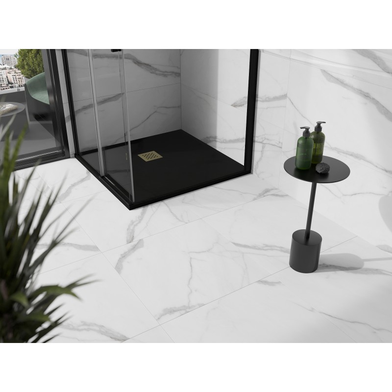 Mexen Stone+ brodzik kompozytowy kwadratowy 80 x 80 cm, czarny, maskownica złota - 44708080-G