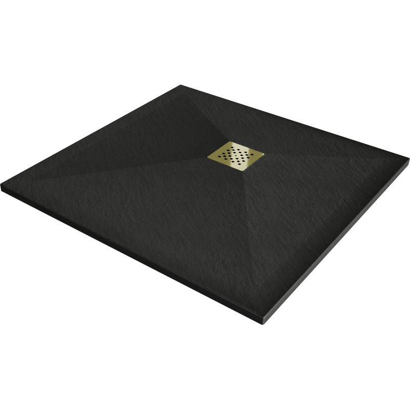 Mexen Stone+ brodzik kompozytowy kwadratowy 90 x 90 cm, czarny, maskownica złota - 44709090-G