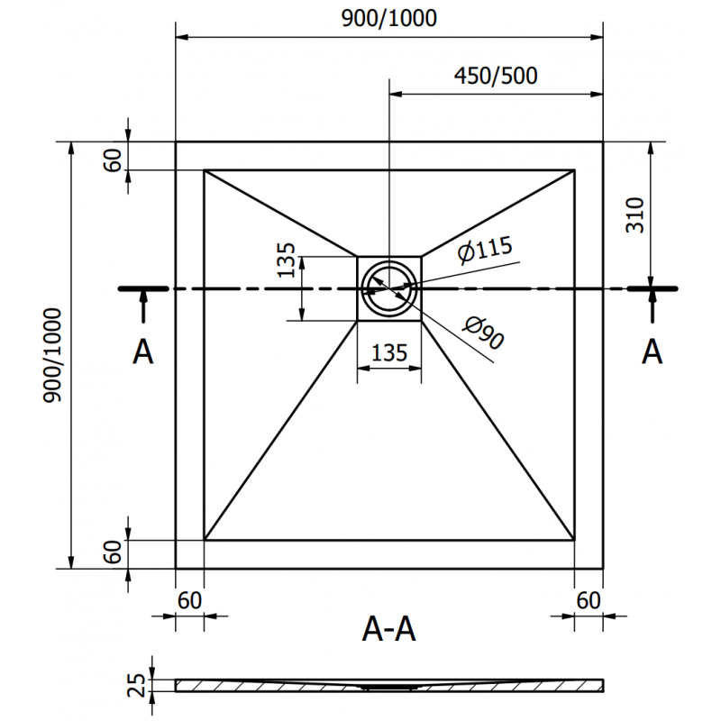 Mexen Stone+ brodzik kompozytowy kwadratowy 90 x 90 cm, czarny, maskownica złota - 44709090-G