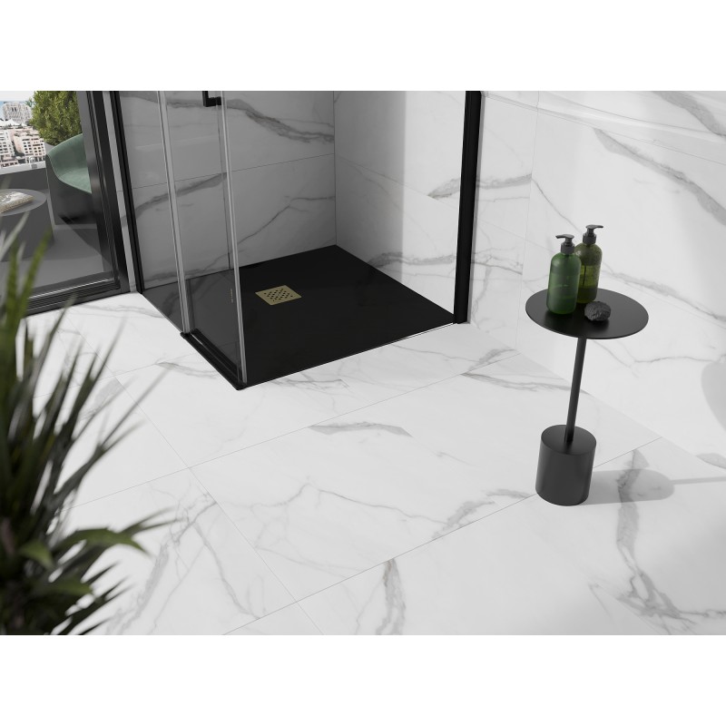 Mexen Stone+ brodzik kompozytowy kwadratowy 80 x 80 cm, czarny, maskownica złota - 44708080-G