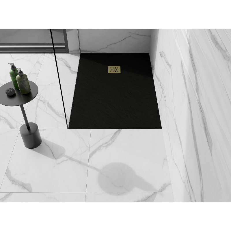 Mexen Stone+ brodzik kompozytowy prostokątny 110 x 70 cm, czarny, maskownica złota - 44707011-G