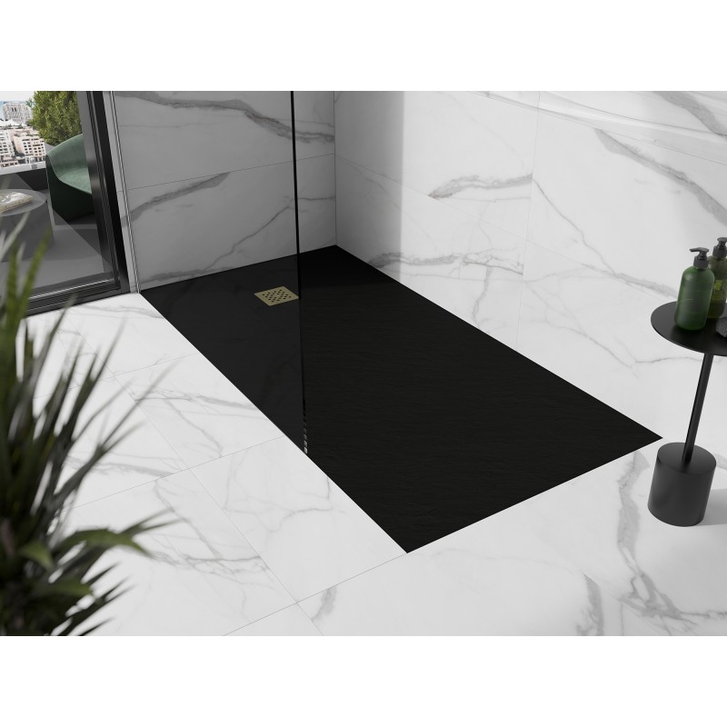 Mexen Stone+ brodzik kompozytowy prostokątny 200 x 90 cm, czarny, maskownica złota - 44709020-G