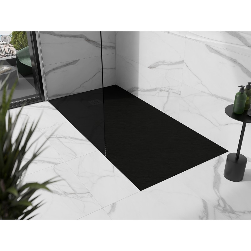 Mexen Stone+ brodzik kompozytowy prostokątny 180 x 90 cm, czarny, maskownica czarna - 44709018-B
