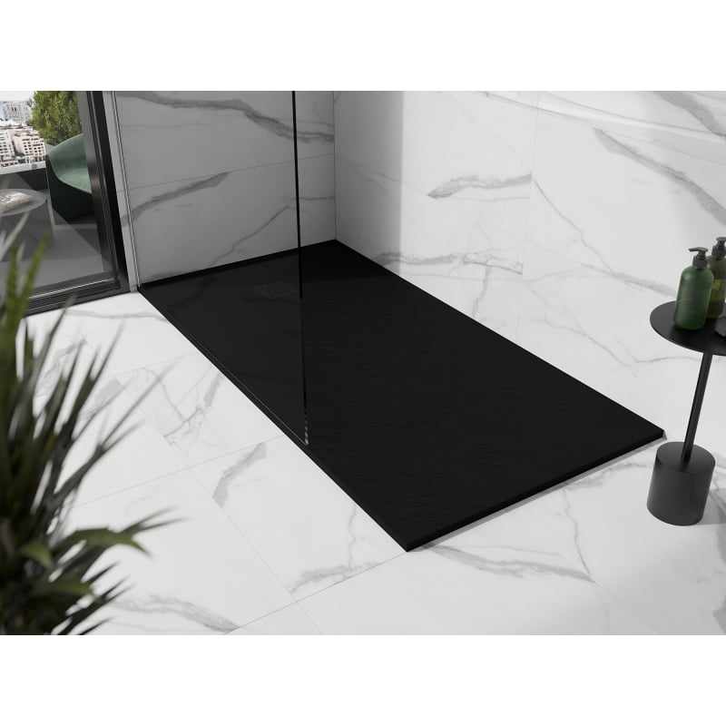Mexen Stone+ brodzik kompozytowy prostokątny 160 x 90 cm, czarny, maskownica czarna - 44709016-B