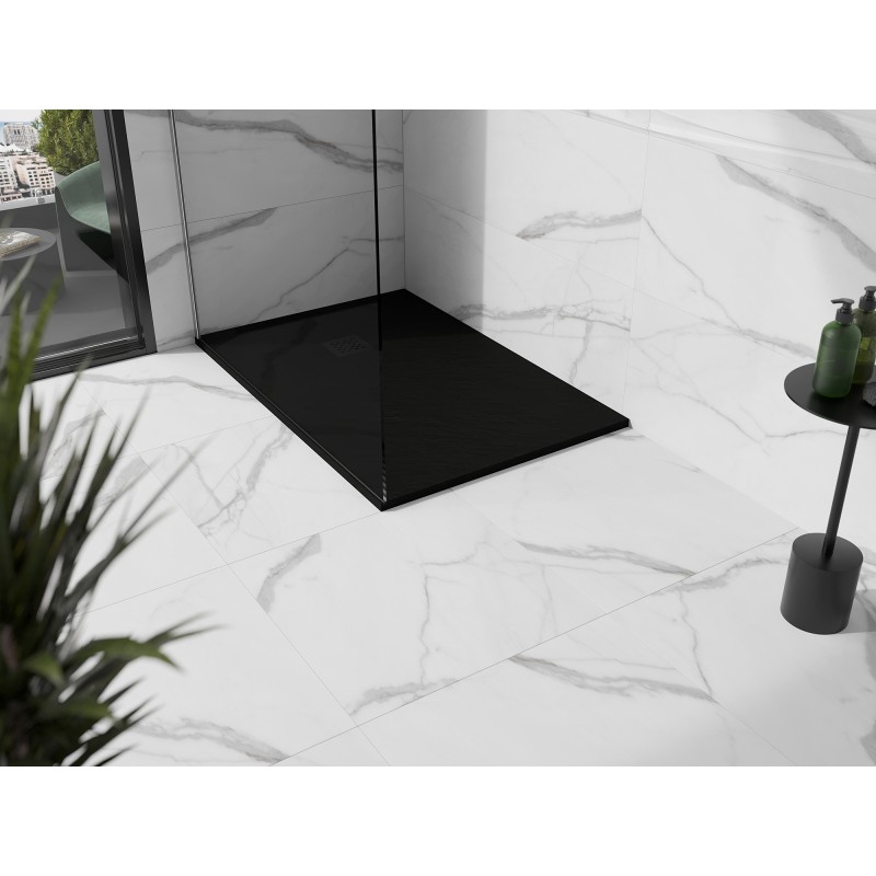 Mexen Stone+ brodzik kompozytowy prostokątny 110 x 70 cm, czarny, maskownica czarna - 44707011-B