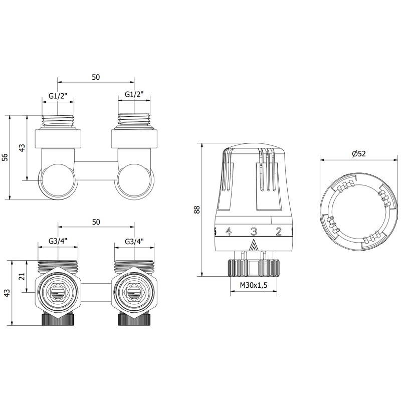 Mexen G01 zestaw termostatyczny dwururowy DN50, kątowy 1/2"x3/4", nikiel - W911-012-918-01