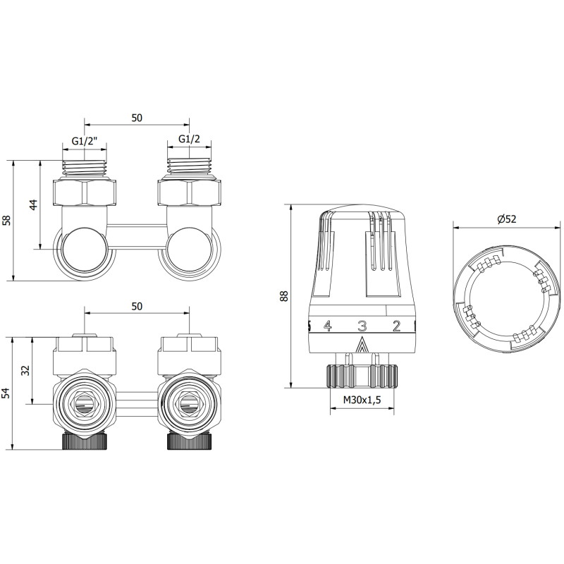 Mexen G01 zestaw termostatyczny dwururowy DN50, kątowy 1/2"x16 mm, nikiel - W911-016-918-01
