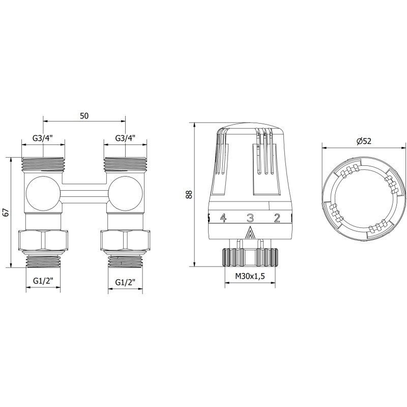 Mexen G01 zestaw termostatyczny dwururowy DN50, prosty 1/2"x3/4", nikiel - W912-012-918-01