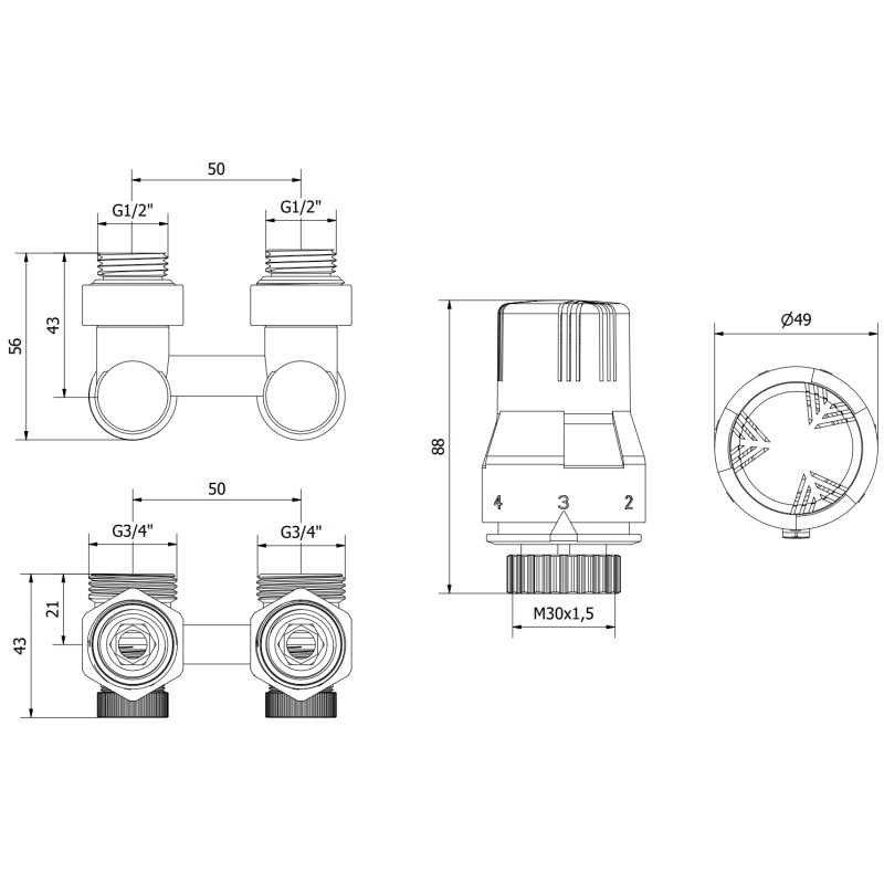 Mexen G02 zestaw termostatyczny dwururowy DN50, kątowy 1/2"x3/4", nikiel - W911-012-928-01