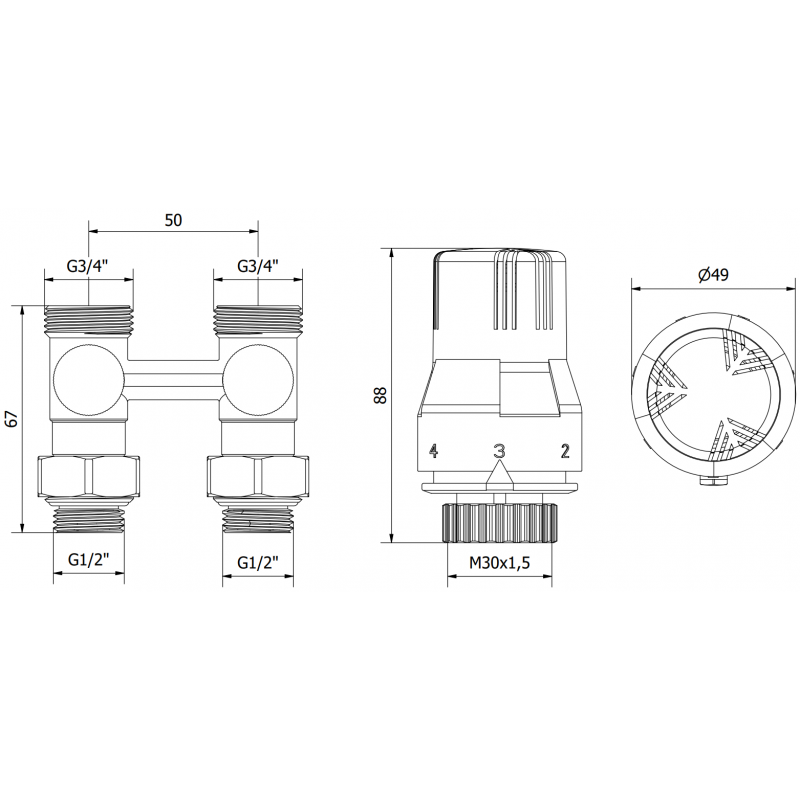 Mexen G02 zestaw termostatyczny dwururowy DN50, prosty 1/2"x3/4", nikiel - W912-012-928-01