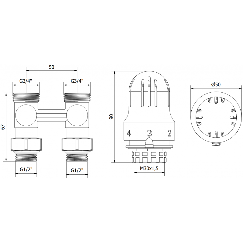 Mexen G04 zestaw termostatyczny dwururowy DN50, prosty 1/2"x3/4", nikiel - W912-012-948-01