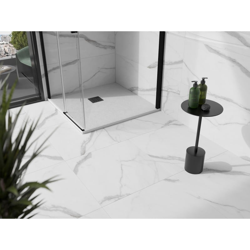 Mexen Stone+ brodzik kompozytowy kwadratowy 90 x 90 cm, biały, maskownica czarna - 44109090-B