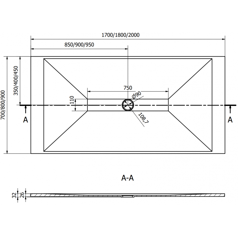 Mexen Toro brodzik prostokątny SMC 170 x 90 cm, biały, maskownica czarna - 43109017-B