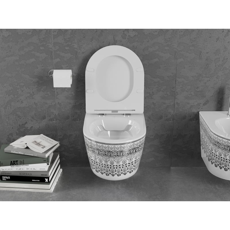 Mexen Lena miska wc Rimless z deską wolnoopadającą slim, duroplast, biała/czarna wzór - 30224095