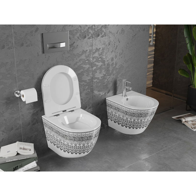 Mexen Lena miska wc Rimless z deską wolnoopadającą slim, duroplast, biała/czarna wzór - 30224095