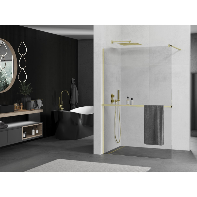 Mexen Kioto+ ścianka prysznicowa z półką Walk-in 95 x 200 cm, transparent, złota - 800-095-121-50-00
