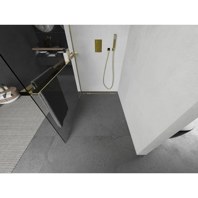 Mexen Kioto+ ścianka prysznicowa z półką Walk-in 95 x 200 cm, transparent, złota - 800-095-121-50-00