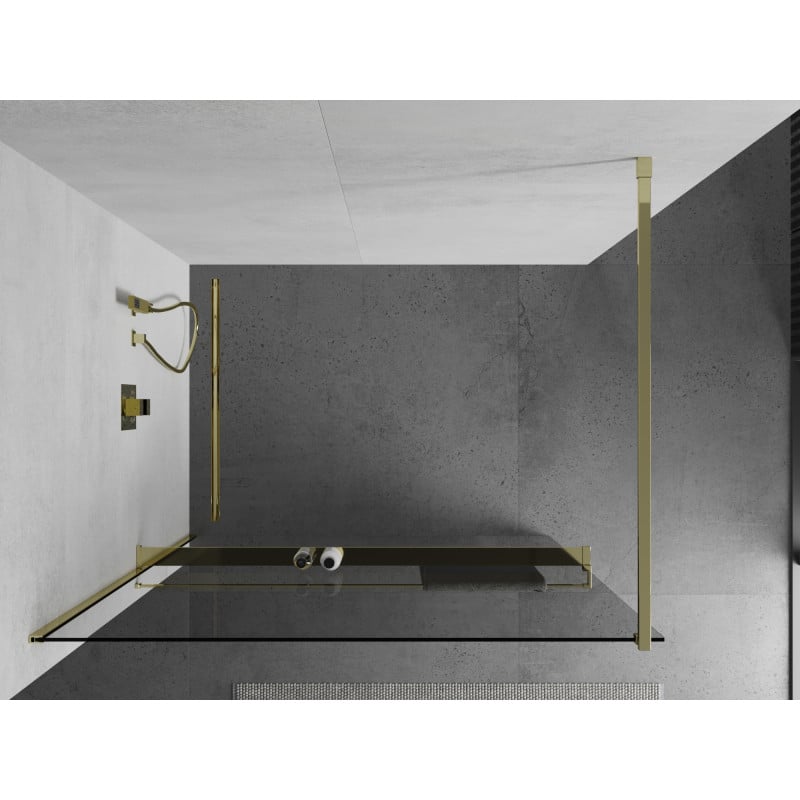 Mexen Kioto+ ścianka prysznicowa z półką Walk-in 135 x 200 cm, transparent, złota - 800-135-121-50-00