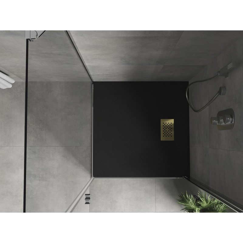 Mexen Hugo brodzik kwadratowy SMC 90 x 90 cm, czarny, maskownica złota - 42709090-G
