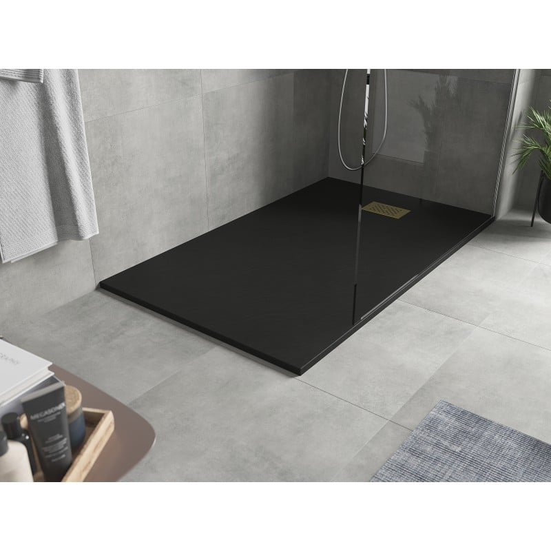Mexen Hugo brodzik prostokątny SMC 140 x 70 cm, czarny, maskownica złota - 42707014-G