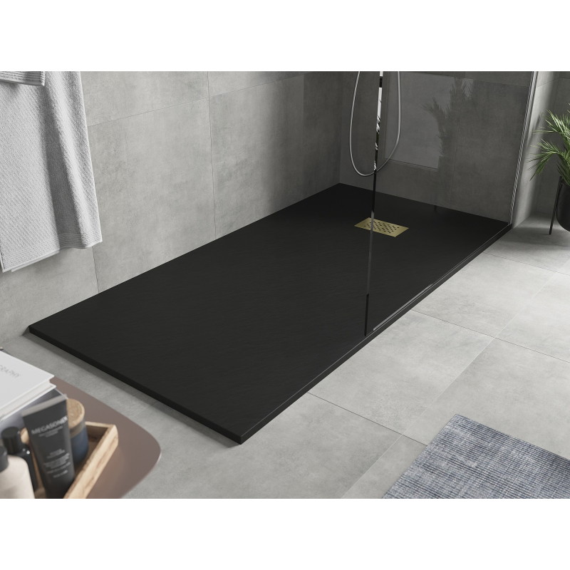 Mexen Hugo brodzik prostokątny SMC 180 x 80 cm, czarny, maskownica złota - 42708018-G