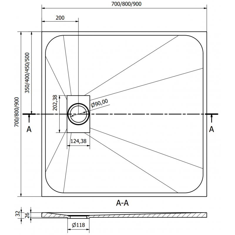 Mexen Hugo brodzik kwadratowy SMC 80 x 80 cm, czarny, maskownica czarna - 42708080-B