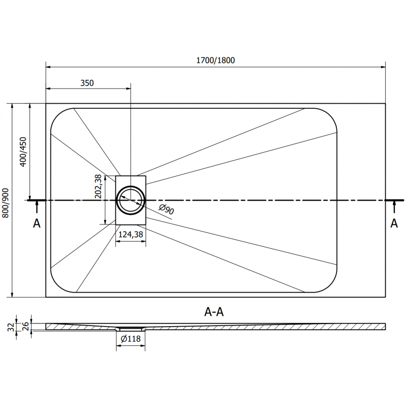 Mexen Hugo brodzik prostokątny SMC 170 x 80 cm, czarny, maskownica czarna - 42708017-B