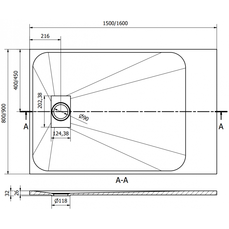 Mexen Hugo brodzik prostokątny SMC 160 x 90 cm, czarny, maskownica czarna - 42709016-B