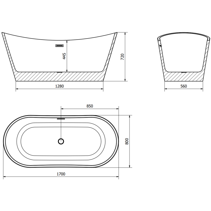 Mexen Montana wanna wolnostojąca 170 x 80 cm, biała, przelew złoty - 52011708000-50