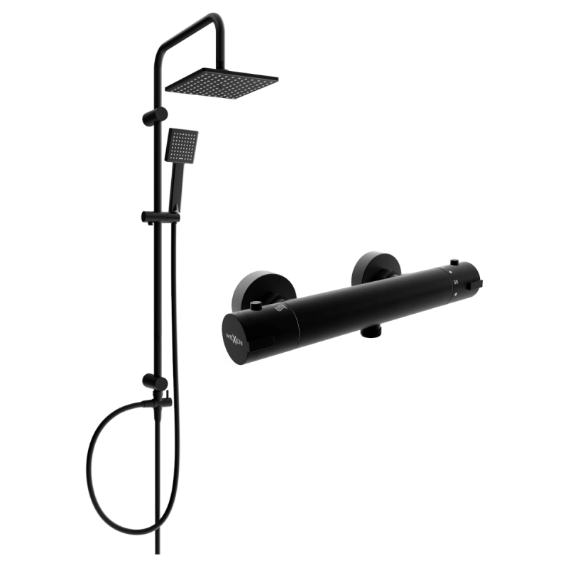Mexen Tord zestaw prysznicowy natynkowy z deszczownicą i baterią prysznicową termostatyczną Kai, czarny - 77100200-70
