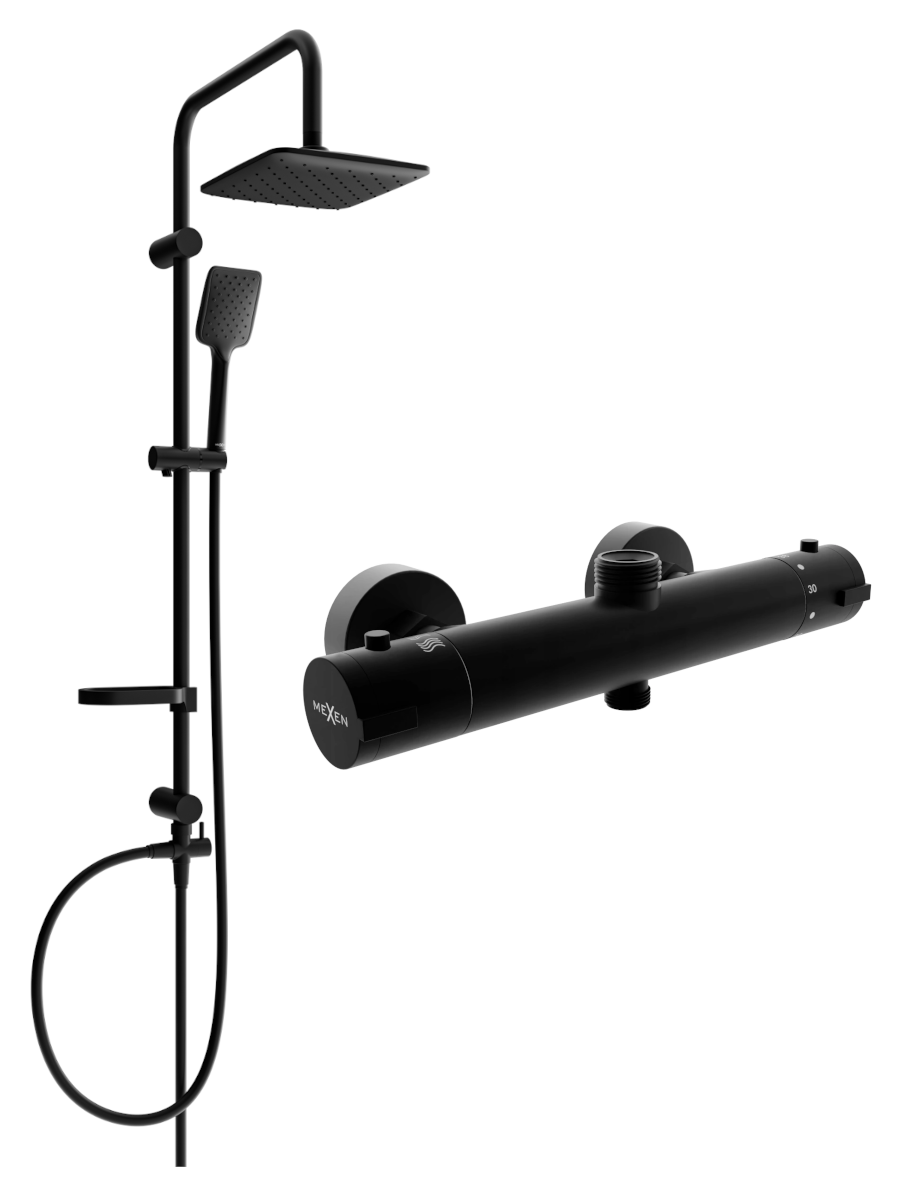 Mexen Sven zestaw prysznicowy natynkowy z deszczownicą i baterią prysznicową termostatyczną Kai, czarny - 77150262-70