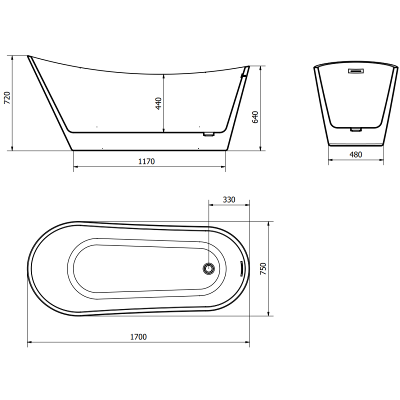 Mexen Alta wanna wolnostojąca 170 x 75 cm, biała/czarna, przelew gun gray szczotkowany - 52141707575-66