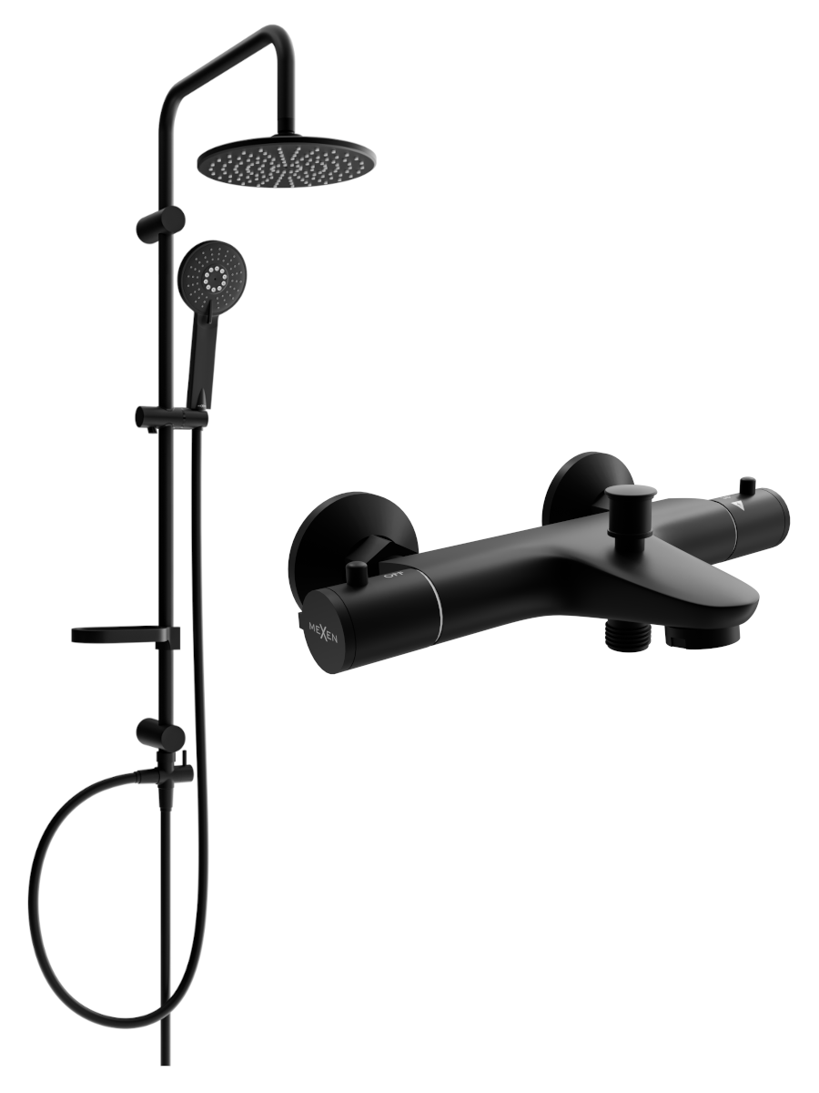Mexen Carl zestaw wannowo-prysznicowy z deszczownicą i baterią wannową termostatyczną Nox, czarny - 77350240-70