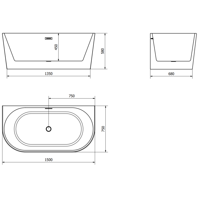 Mexen Oval wanna wolnostojąca przyścienna 150 x 75 cm, biała, przelew czarny - 52671507500-70
