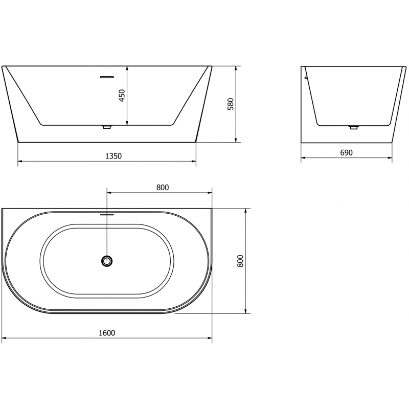 Mexen Oval wanna wolnostojąca przyścienna 160 x 80 cm, biała, przelew biały - 52671608000-20