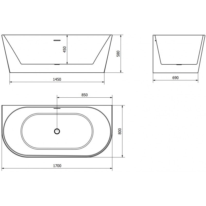 Mexen Oval wanna wolnostojąca przyścienna 170 x 80 cm, biała, przelew czarny - 52671708000-70