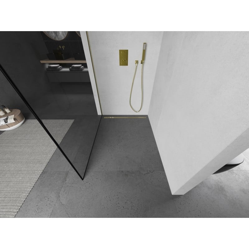 Mexen Kioto ścianka prysznicowa Walk-in 80 x 200 cm, czarna ramka 8 mm, złota szczotkowana - 800-080-101-55-70