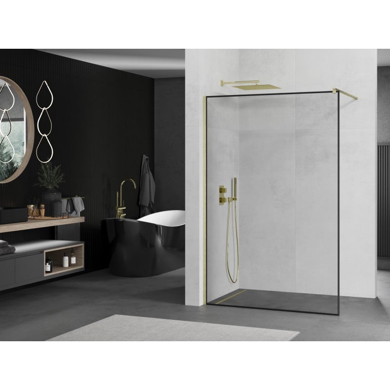 Mexen Kioto ścianka prysznicowa Walk-in 130 x 200 cm, czarna ramka 8 mm, złota szczotkowana - 800-130-101-55-70