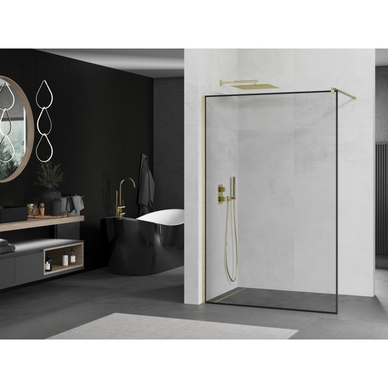 Mexen Kioto ścianka prysznicowa Walk-in 140 x 200 cm, czarna ramka 8 mm, złota szczotkowana - 800-140-101-55-70