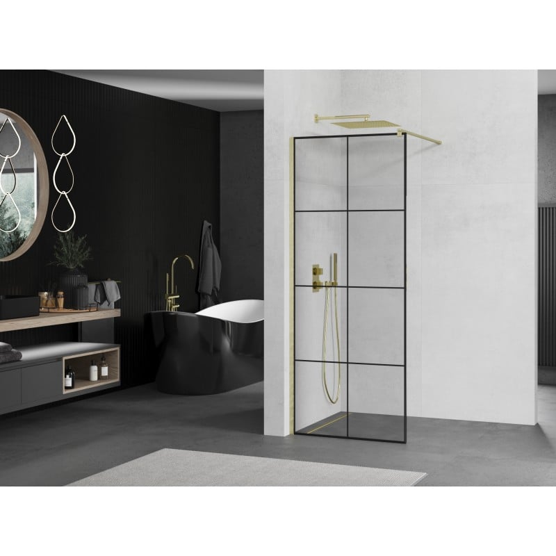 Mexen Kioto ścianka prysznicowa Walk-in 80 x 200 cm, czarna kratka 8 mm, złota szczotkowana - 800-080-101-55-77