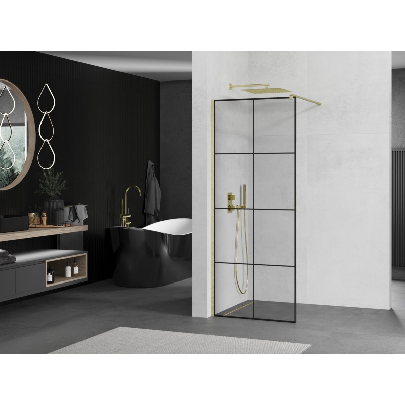 Mexen Kioto ścianka prysznicowa Walk-in 90 x 200 cm, czarna kratka 8 mm, złota szczotkowana - 800-090-101-55-77